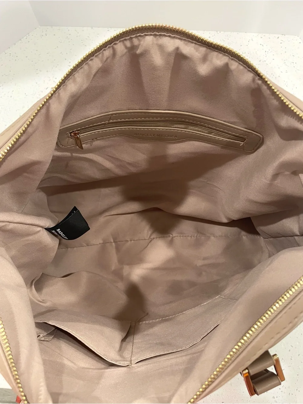 Badgley Mischka Quilted Taupe Tote with Gold Hardware